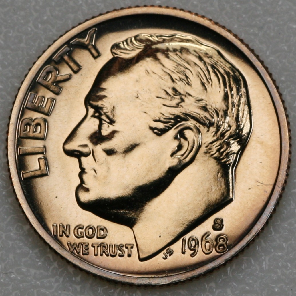1968 S Gold Toned Gem Proof Roosevelt Dime CN-Clad D153