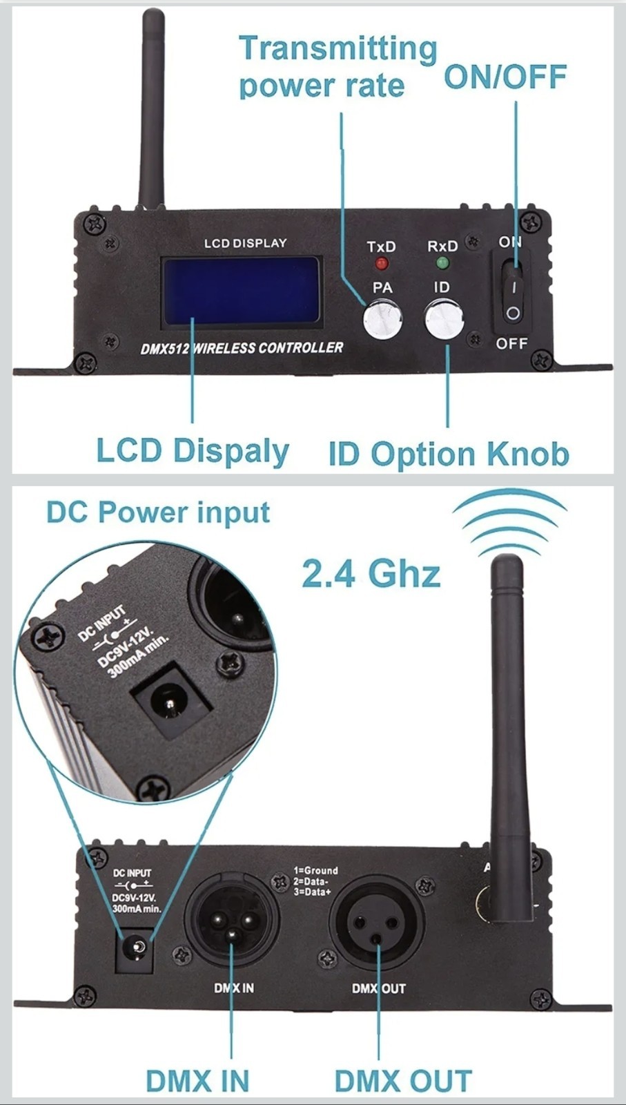 DMX512 Controller 2.4G Wireless Transmitter Receiver LCD Display 512