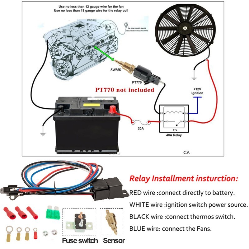 3/8" Thread Electric Radiator Engine Fan Temperature Switch Thermostat/Relay Kit
