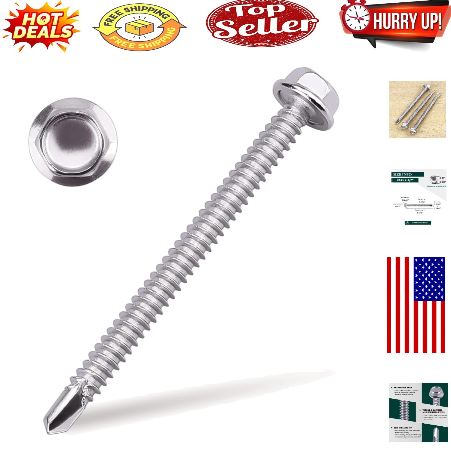 410 Stainless Steel Hex Washer Head Self-Drilling Screws (25 pcs, 2-1/2")