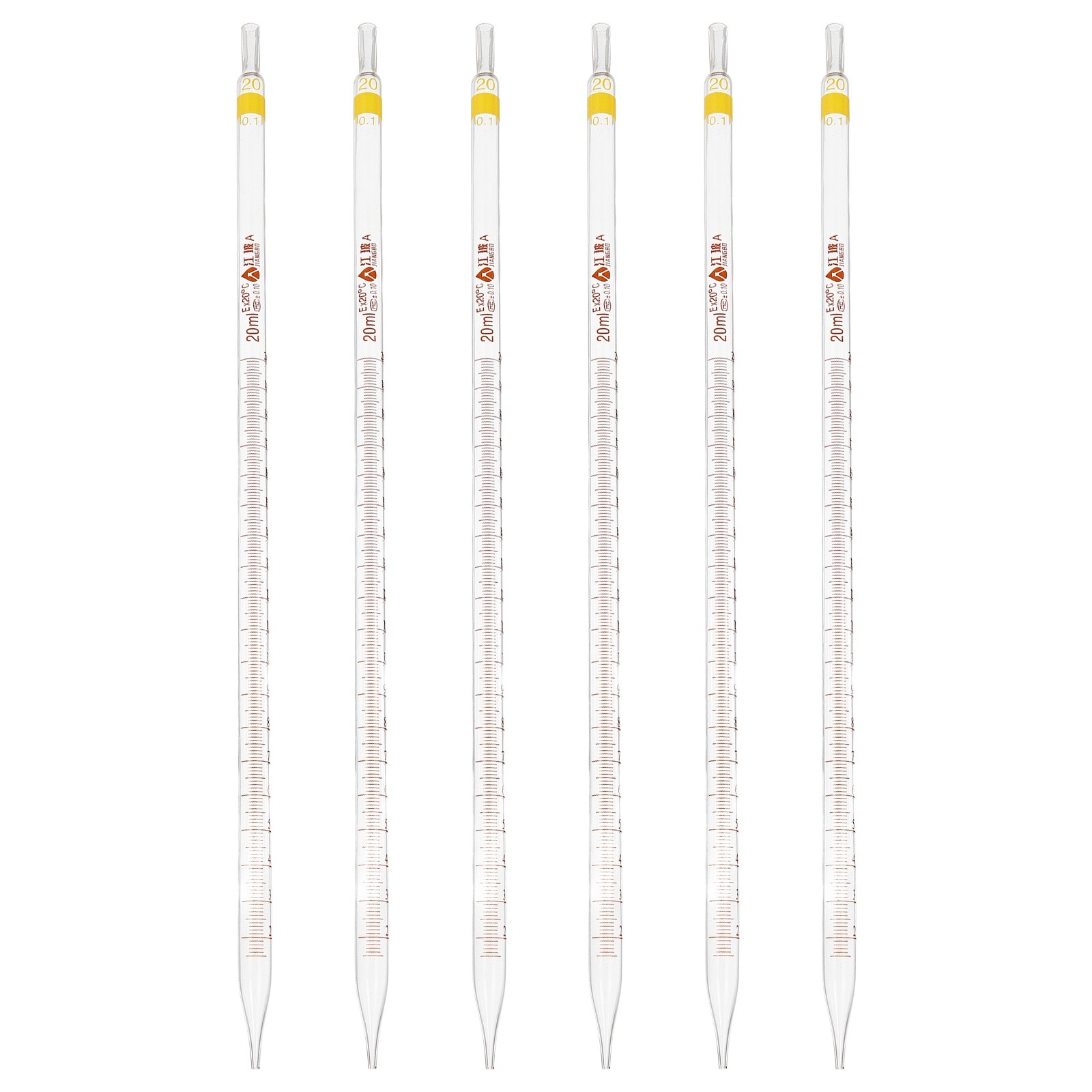 6Pcs 20ml Glass Graduated Pipettes +/- 0.1 Tolerance with Color-Coded, Clear