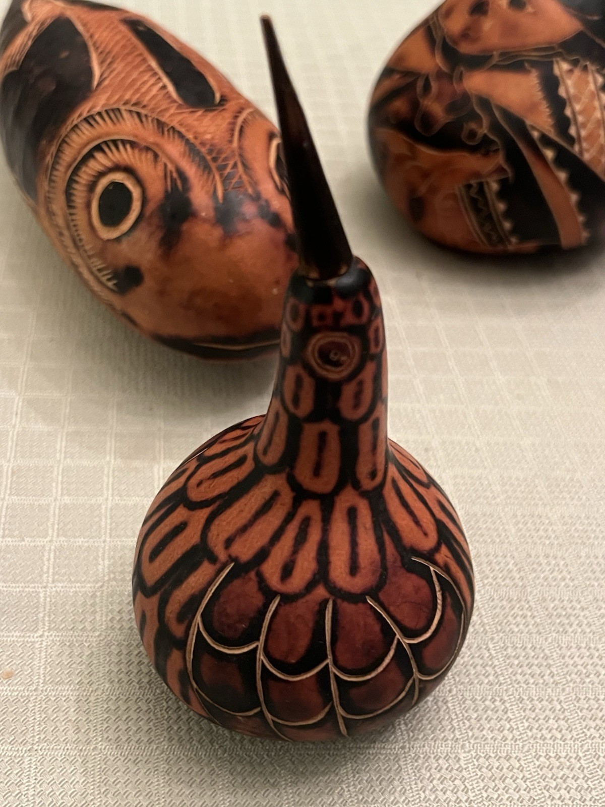 3 X Hand-Carved Decorative Gourd Peru Peruvian Folk Art Woman Fish Bird 1980’s