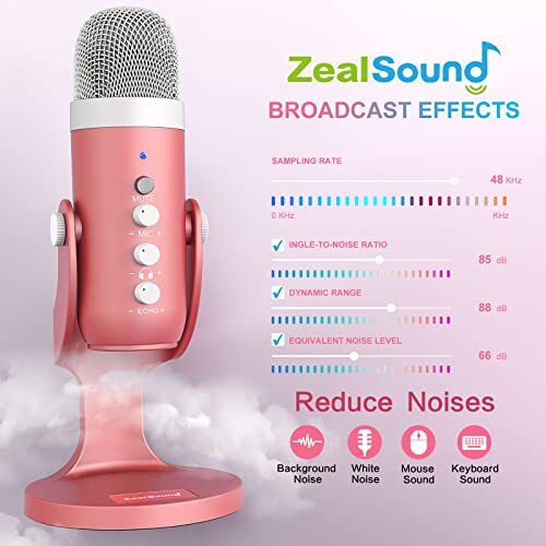 Gaming USB Pink Microphone with Quick Mute for Phone Computer PC PS5,Studio