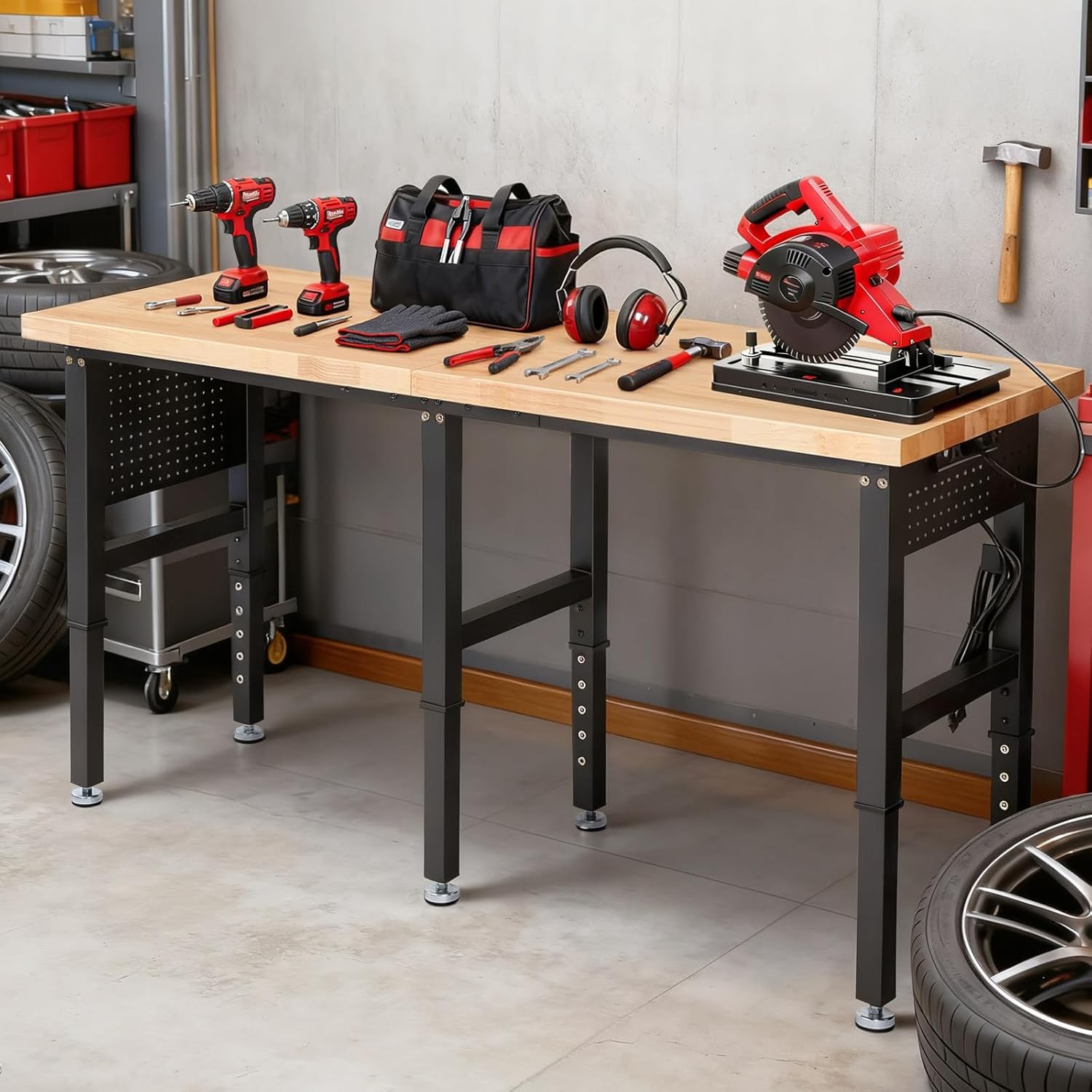 72 x 24 Inch Adjustable Height Work Table with Power Outlets & Extended Pegboard