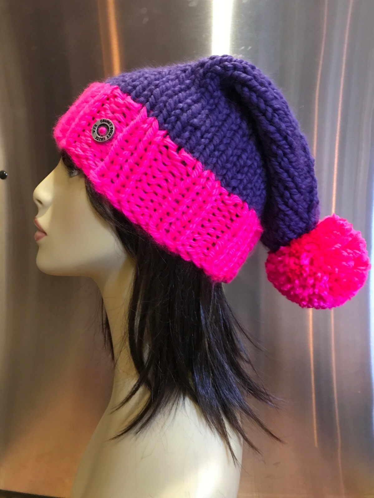 Santa Claus Chunky Hand Knit Unisex Purple & Fuchsia Hot Pink Slouchy Hat