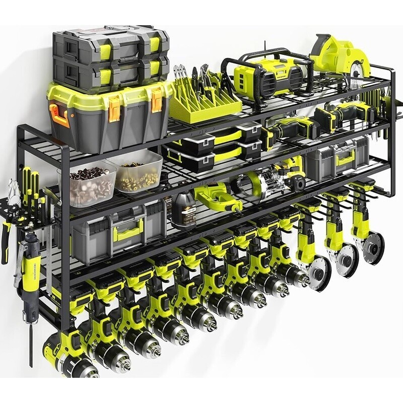 Large Power Tool Organizer Wall Mount 4-Tier Rack 13 Drill Holder W/ Accessories