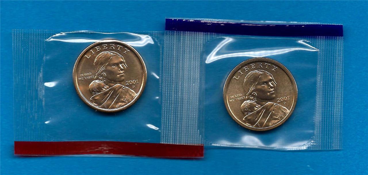 2001 P and D BU Uncirculated Sacagawea Native American Dollars - Two Coins