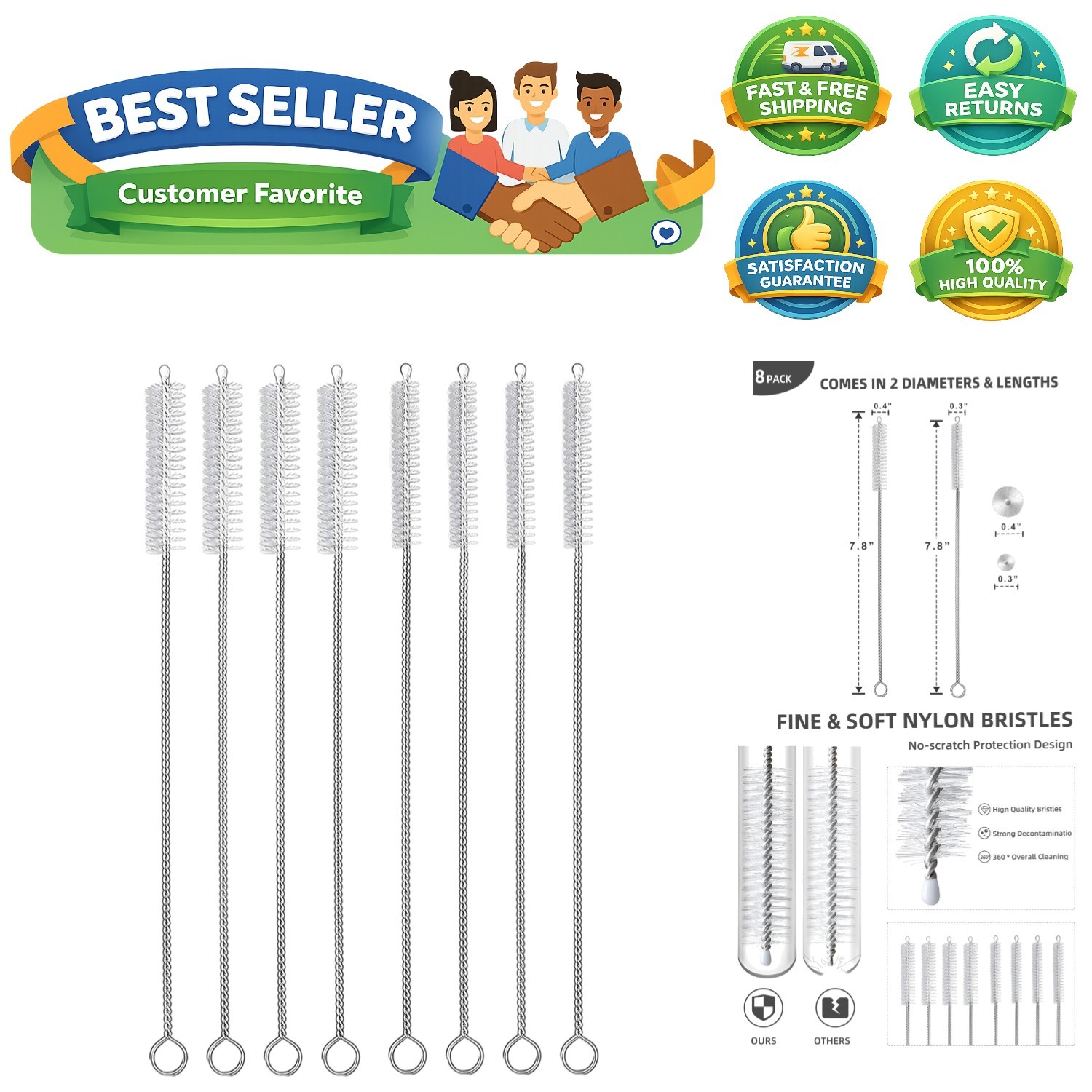 Straw Cleaner Brush Set, 8-Piece Long Cleaning Brush for Straws on Tumbler, W...