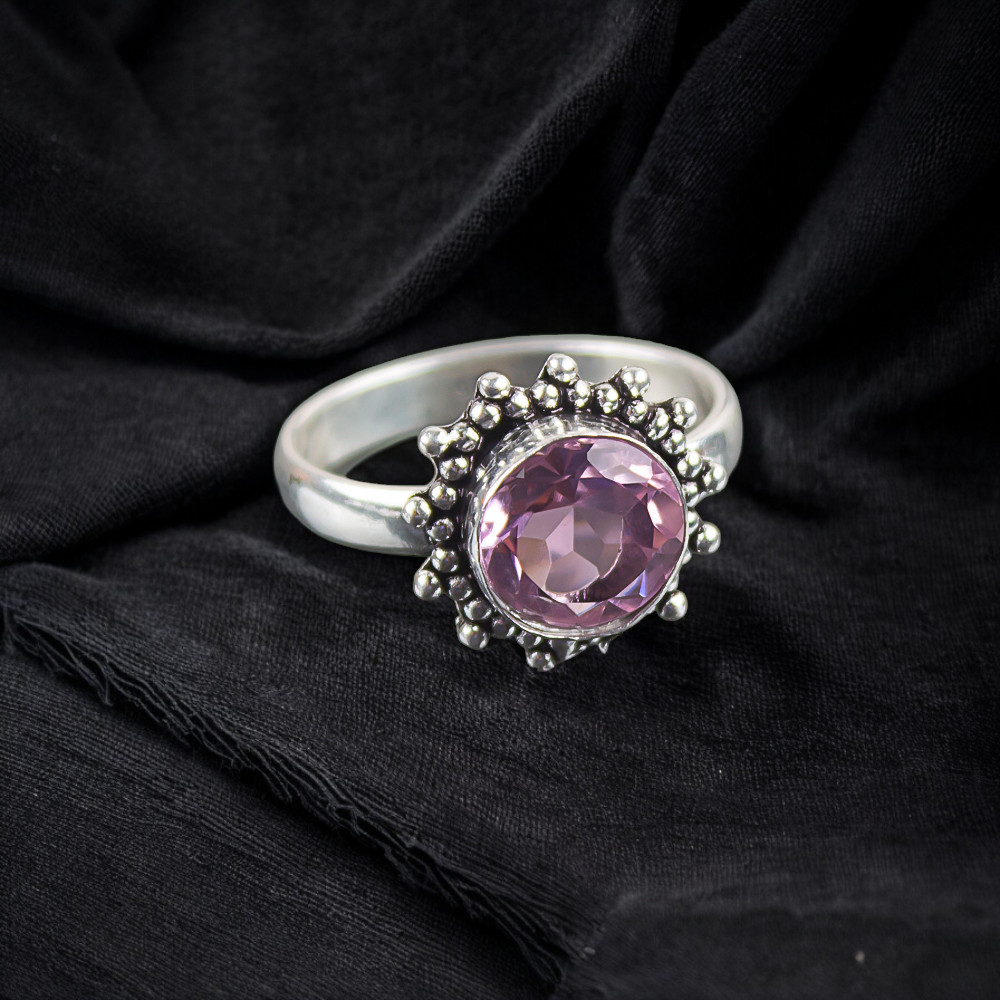 Pink Morganite Gemstone Round 925 Sterling Silver Handmade Jewelry Ring Gift