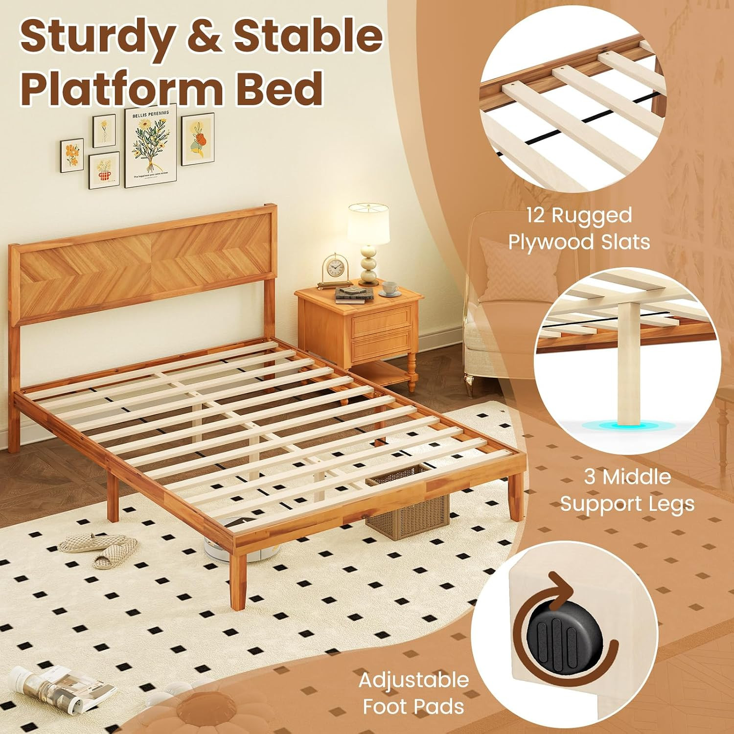 Wood Queen Bed Frame with Headboard, Solid Acacia Wood Platform Bed with 12 Stro