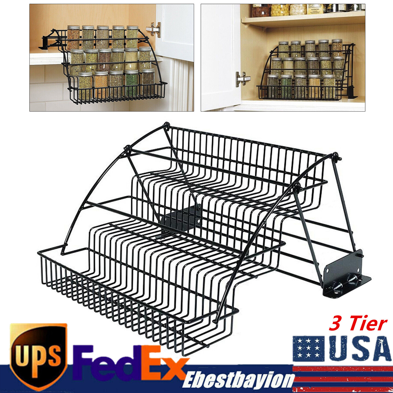 3 Layers Pull Down Spice Rack Pull Out Metal Cabinet Organizer Kitchen Stand
