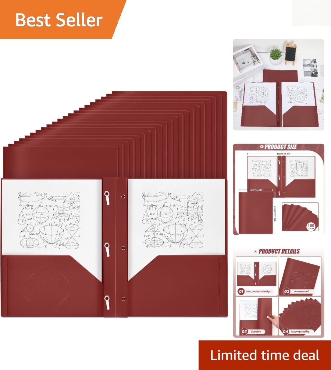 Durable 100-Pack Dark Red Plastic Folders with Pockets & Prongs for All Needs