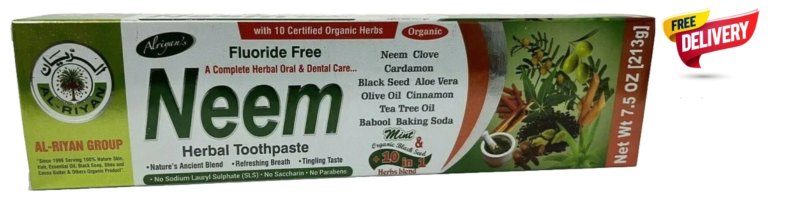 6 Pack ORGANIC NEEM Herbal Toothpaste By AL-RIYAN , 7.5 oz. Fluoride Free