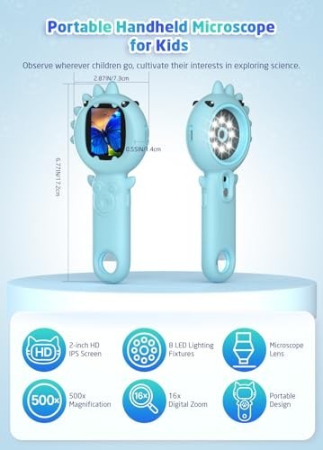 Kids Microscope Camera, 500X Handheld 2" IPS Screen, Blue Dinosaur | 2-in-1...
