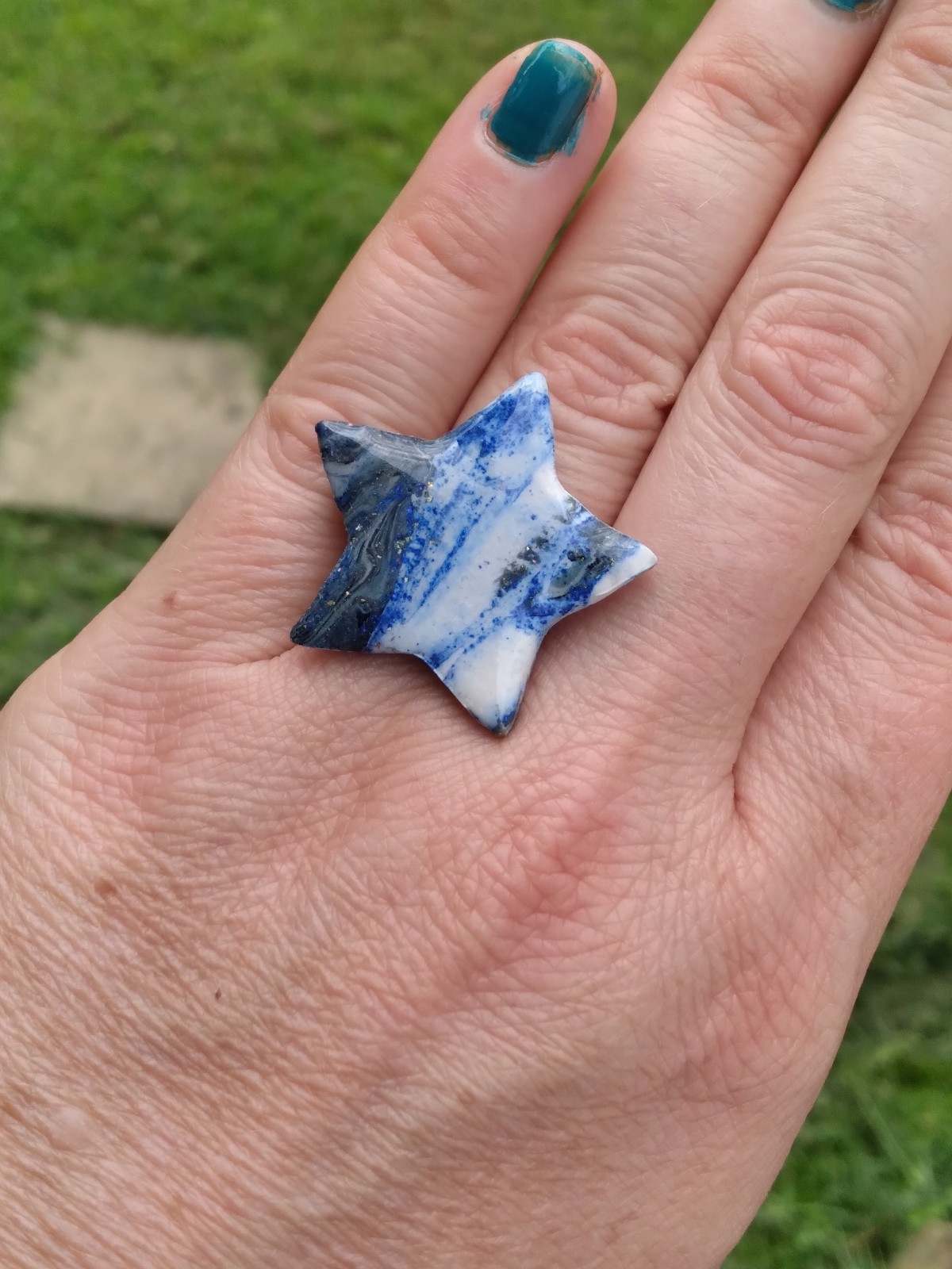Handcrafted Gold Adjustable Polymer Clay Ring Blue White Marbled Star