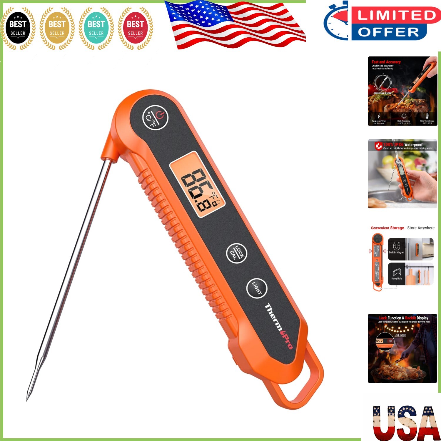 Premium Digital Kitchen Thermometer - Instant Read, Lock & Calibration Features