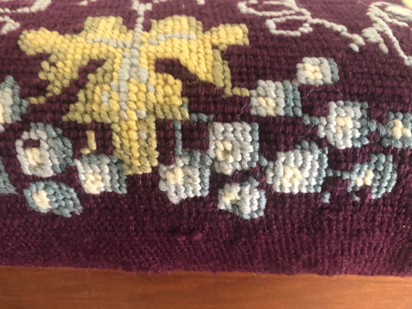 Antique Foot Stool Needlepoint Grapes & Leaf on Plum Background Wool 10" Tall