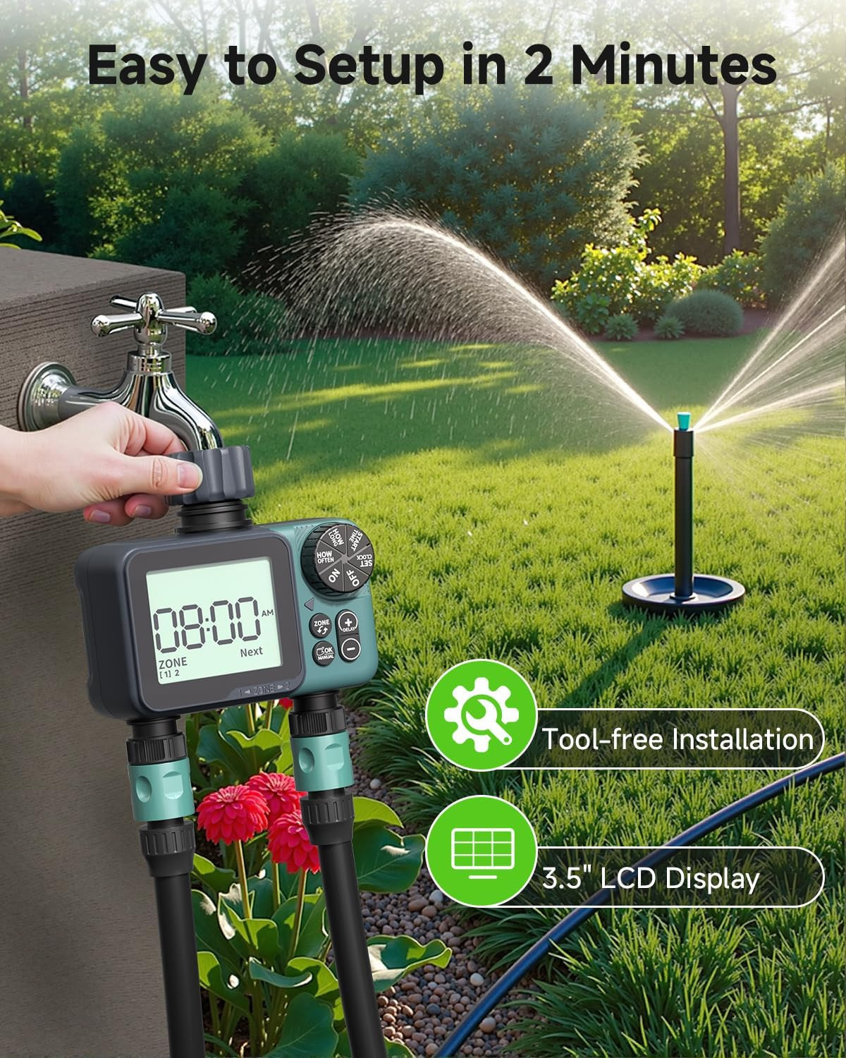 Sprinkler Timer 2 Zone & Digital Water Timer for Garden Hose, Yard, Lawn, Pool