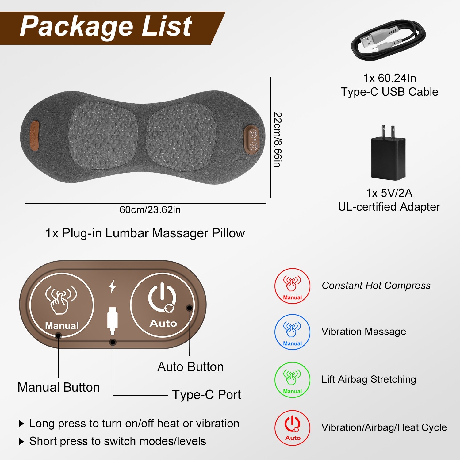 3 In 1 Electric Lumbar Massager Support Pillow Memory Foam Lower Back Massager