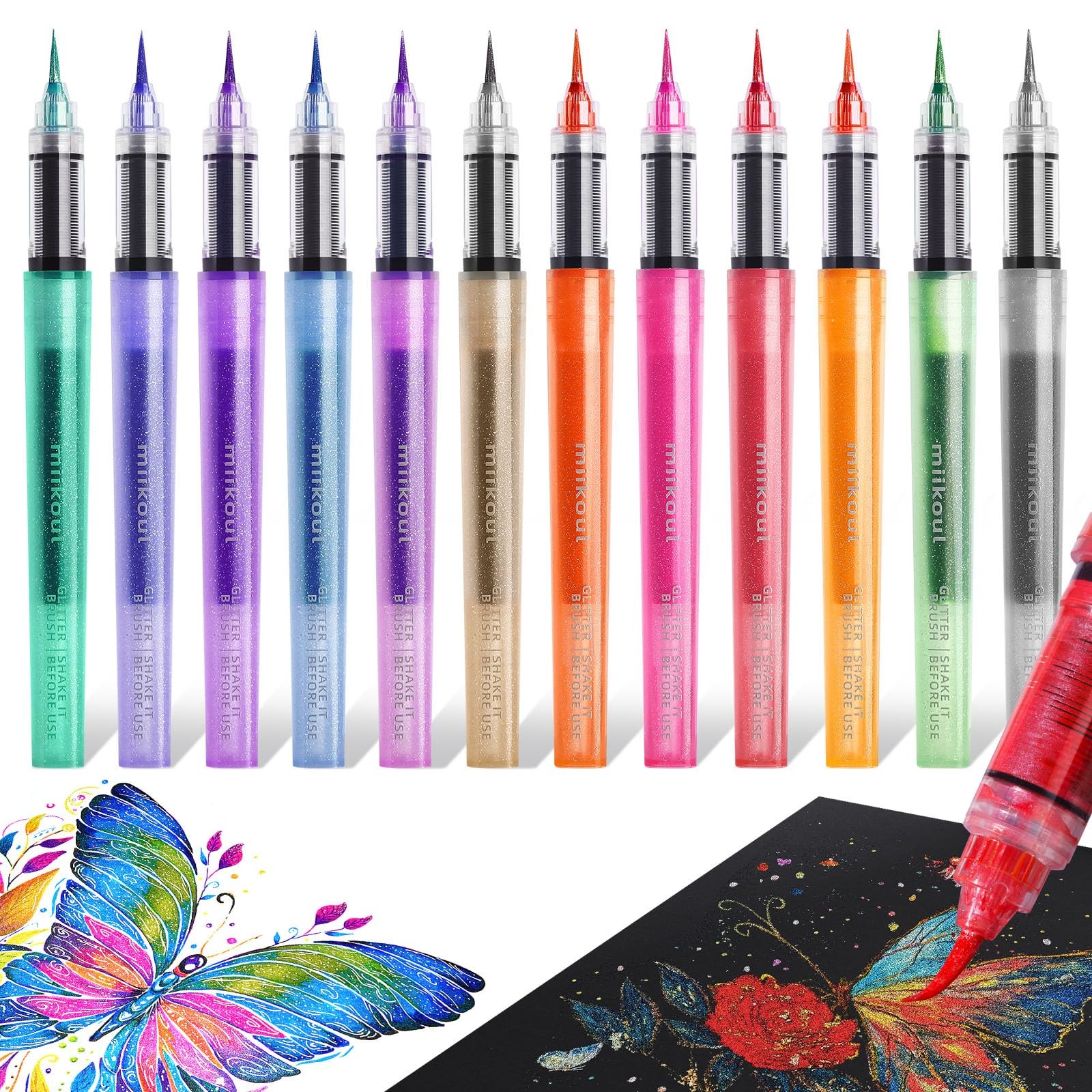 miikoul 12 Colors Glitter Brush Markers Pen Fine Tip 1 Count (Pack of 1), 12