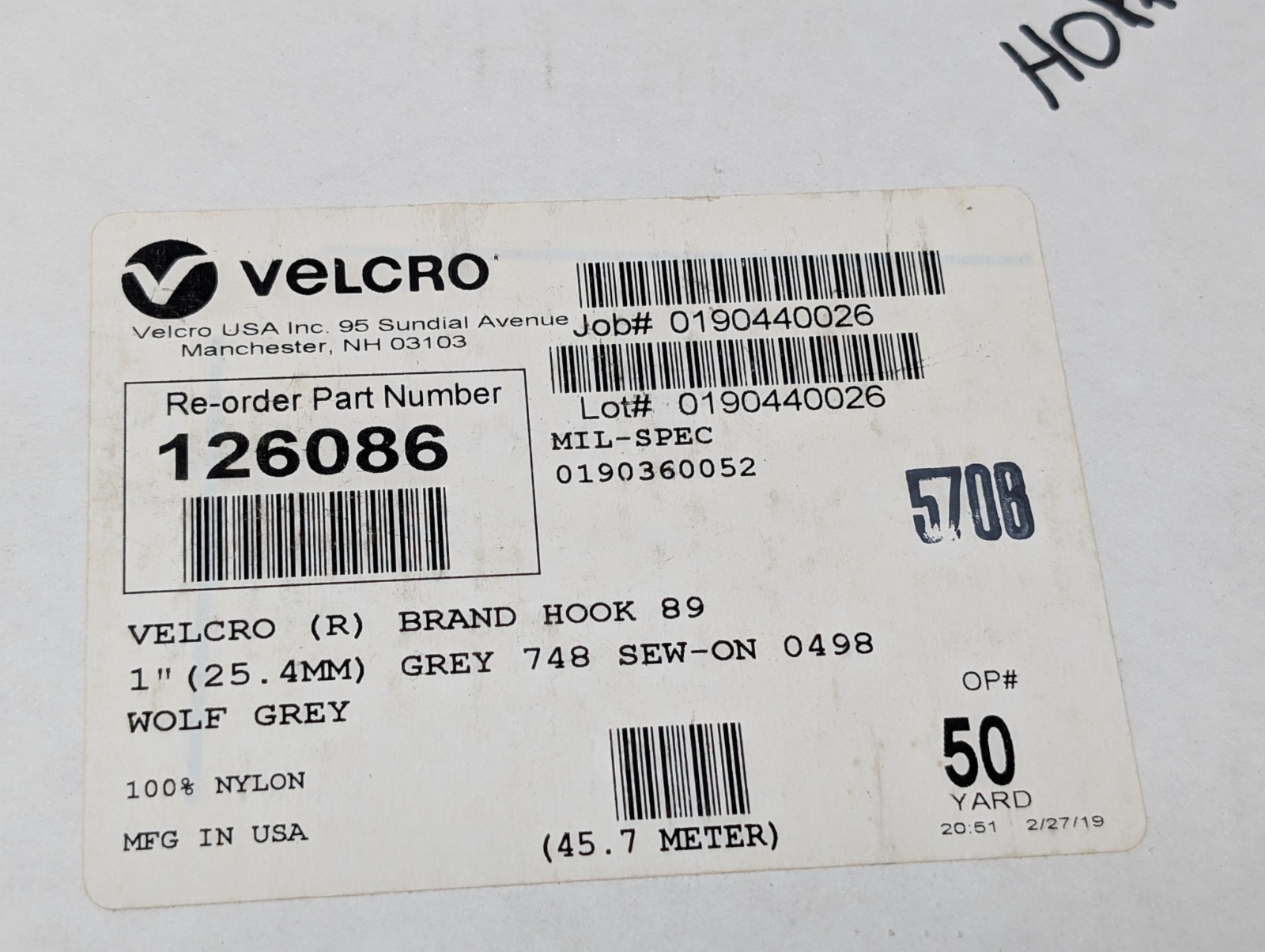Official VELCRO® Brand 1" Hook Tape Wolf Gray Sew-On 50 Yards MIL-SP (UU)