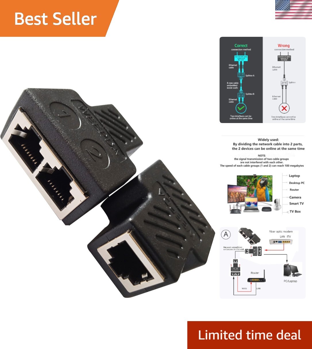 Dual RJ45 1 to 2 Female Splitter - High-Speed Ethernet 100 Mbps Adapter Pack