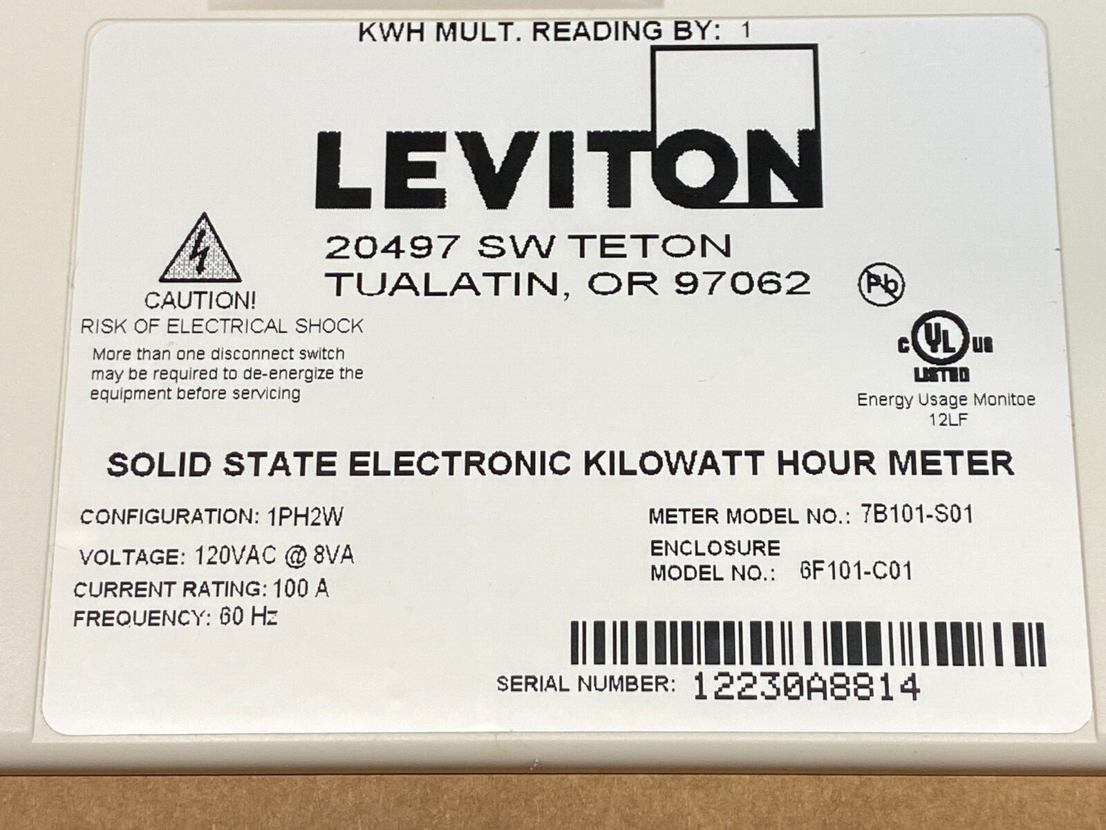 Leviton 6F101-C01 Single Element Sub-Meter in Flush Mount Enclosure, 1P/2W, 100A