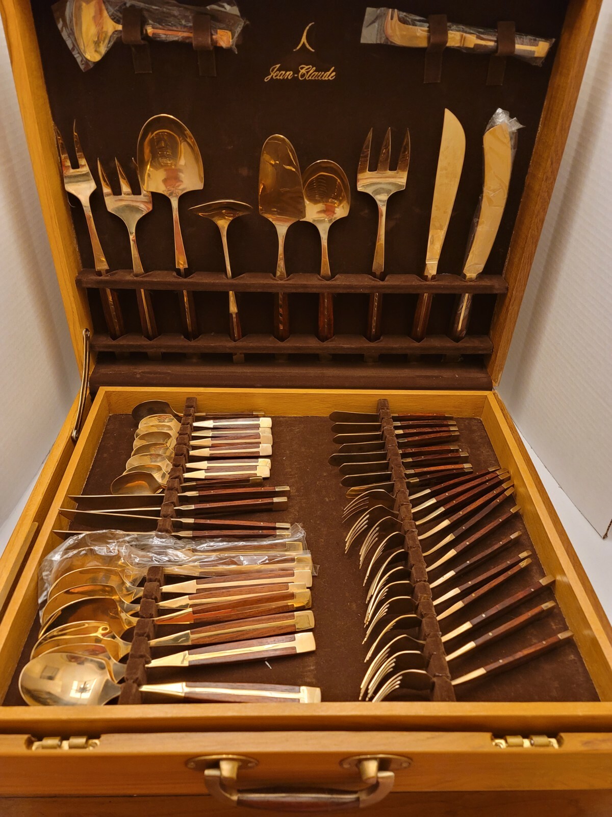 91 Piece Jean-Claude Rosewood & Bronze Complete Flatware & Servingware Set
