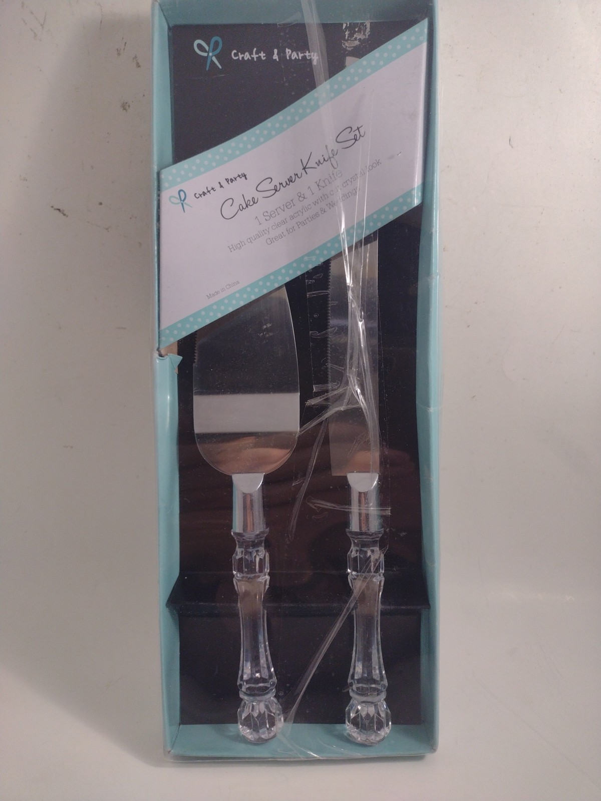 Clear Silver Cake Knife and Server Set, Steel Plated Blades with Crystal Handles