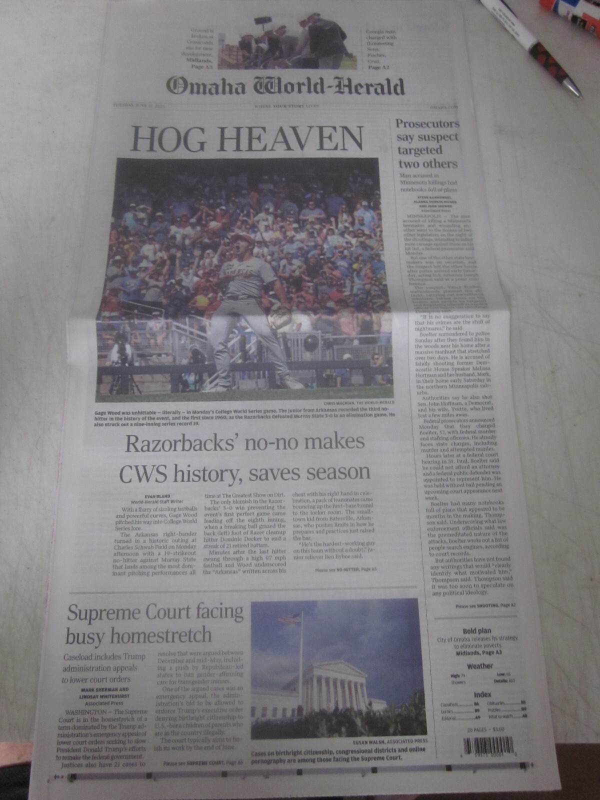 GAGE WOOD ARKANSAS HISTORIC NO-HITTER CWS OMAHA WORLD-HERALD NEWSPAPER 19 Ks 🐷
