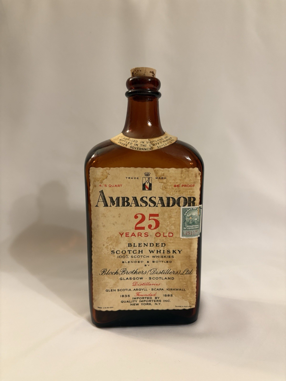 Vintage Ambassador 25 Year Old Scotch Whiskey Bottle | Bloch Brothers Glasgow