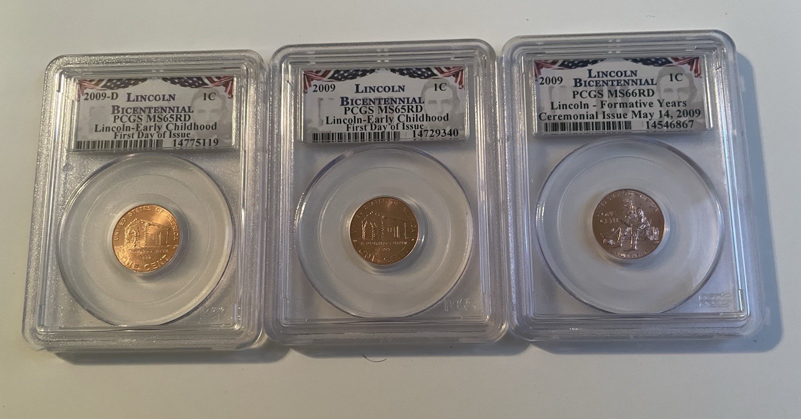 2009 PCGS MS65/MS66 RD Lincoln Bicentennial Penny Lot FDOI Childhood/Formative
