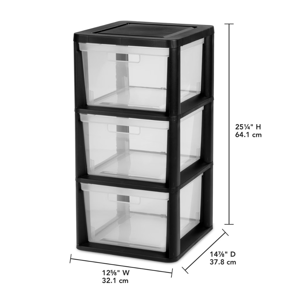 2Pack Sterilite Medium 3 Drawer Tower Plastic Storage Bins Organizer Unit, Black