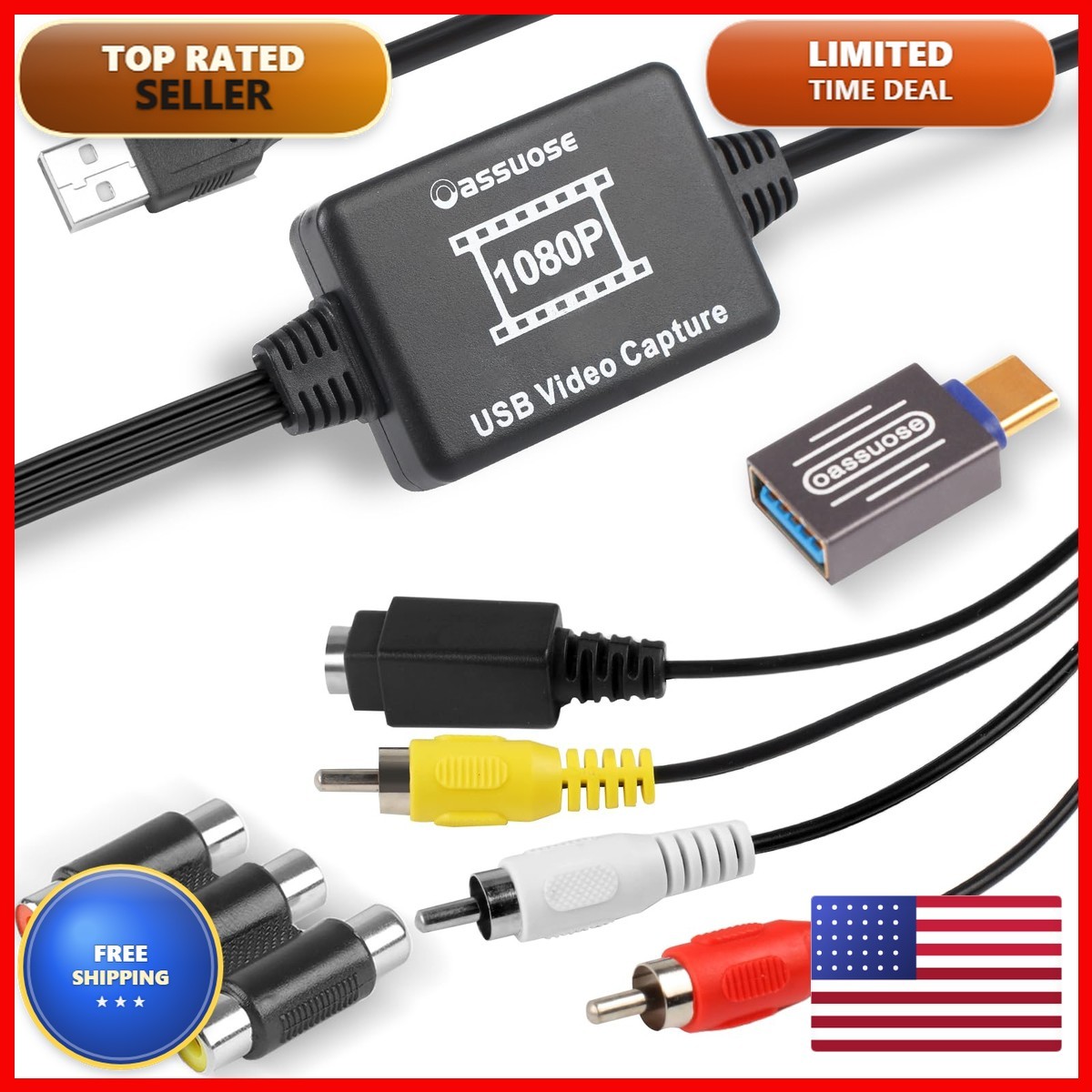 Oassuose VHS To Digital Converter,USB-A/USB-C Video 1080P Capture Card