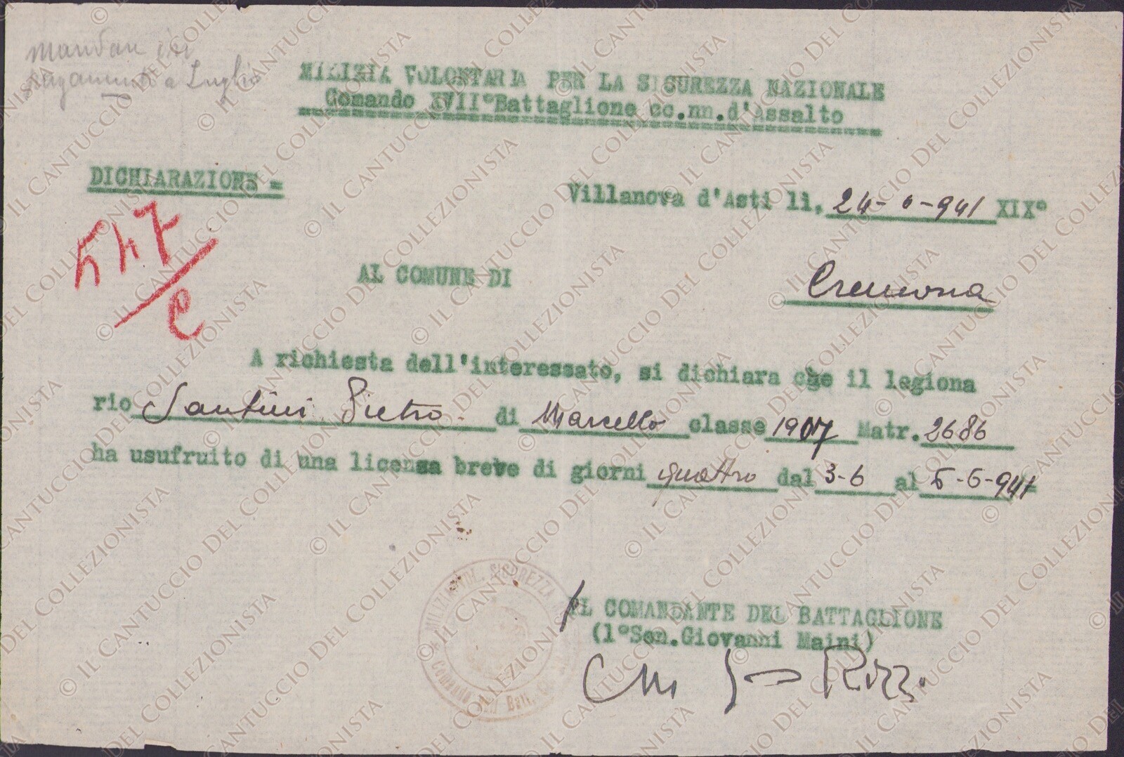 1941 Villanova D’Asti Milizia Volontaria Comando XVII Battaglione CCNN d'assalto