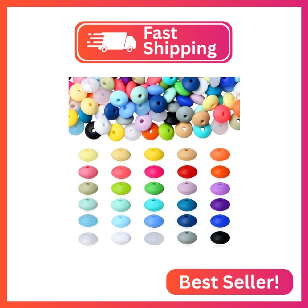 NUKAYAI 200Pcs Silicone Lentil Beads, 12mm 30 Colors Silicone Abacus Beads Bulk