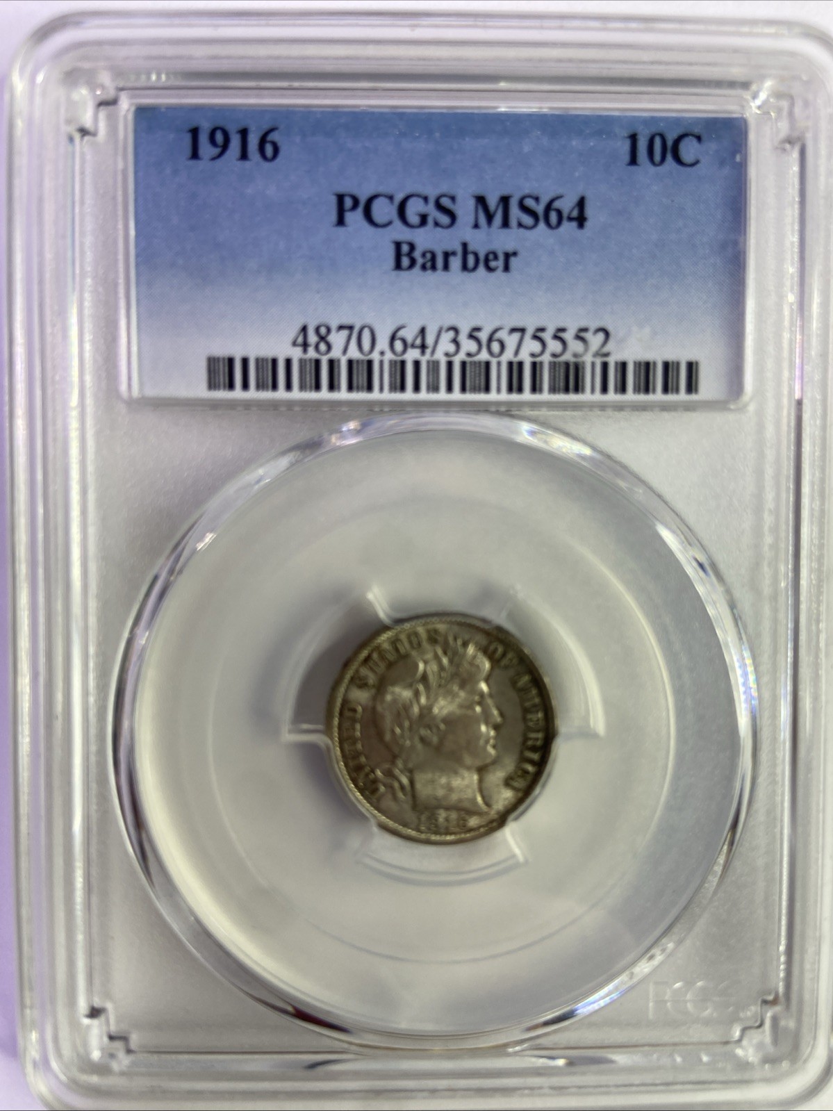 1916 10C Barber Dime PCGS MS64- Nice Light Toning!