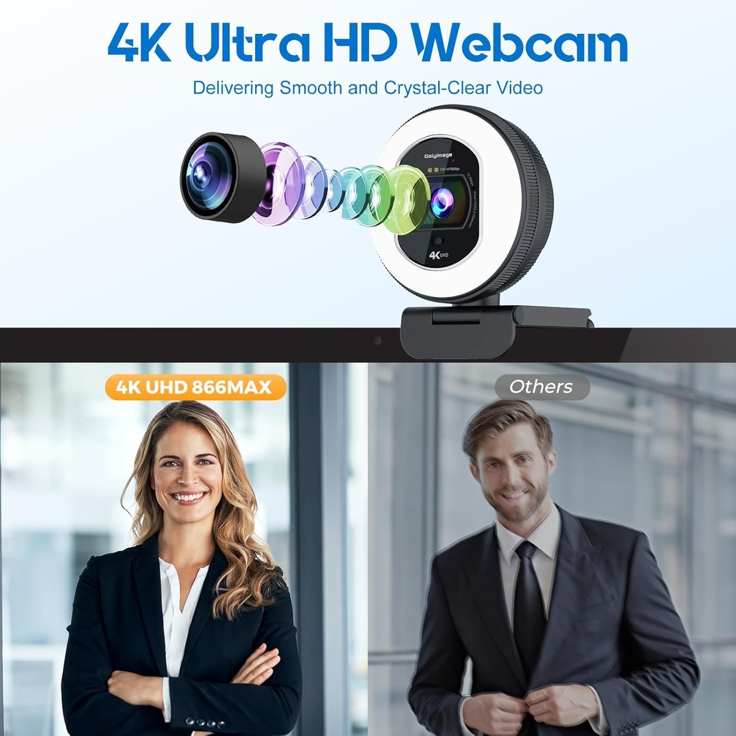 4K Webcam with Ring Light Web Cam 4K Autofocus with TOF Computer Camera 1080P