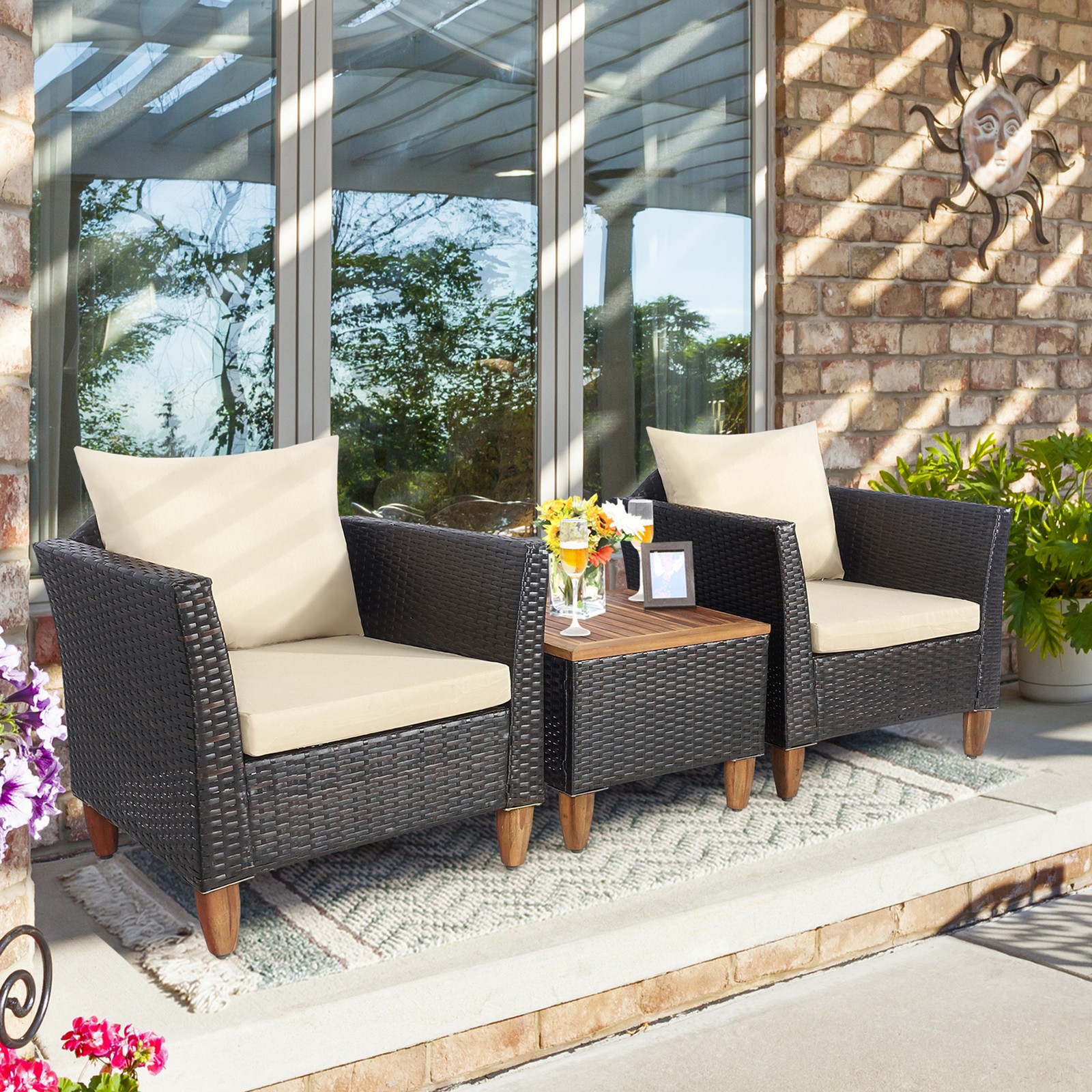 3PCS Patio Furniture Set Conversation Bistro Set w/ Acacia Wood & Cushions Beige