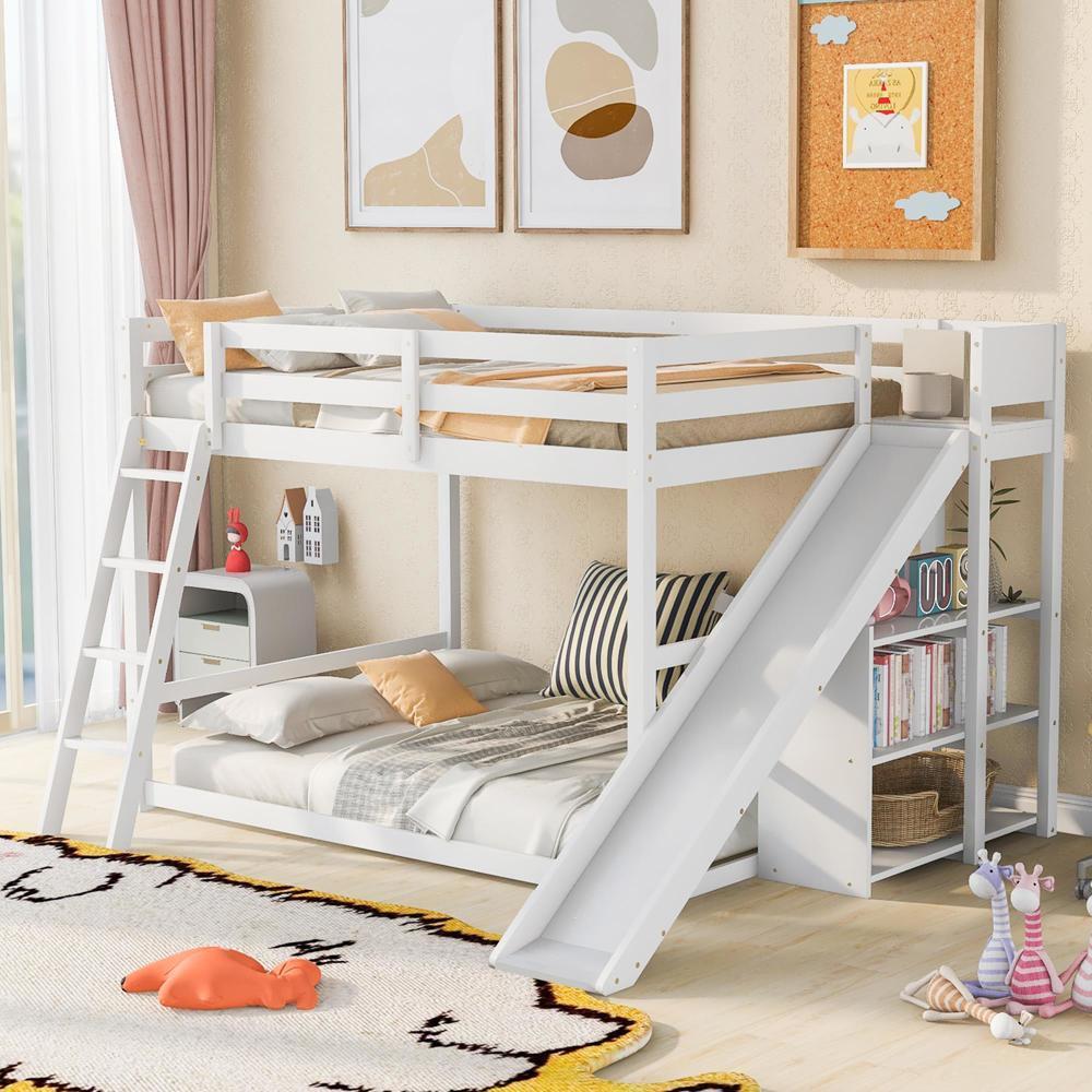 New Practical Modern Full over Full Bunk Bed with Ladder Slide and Shelves