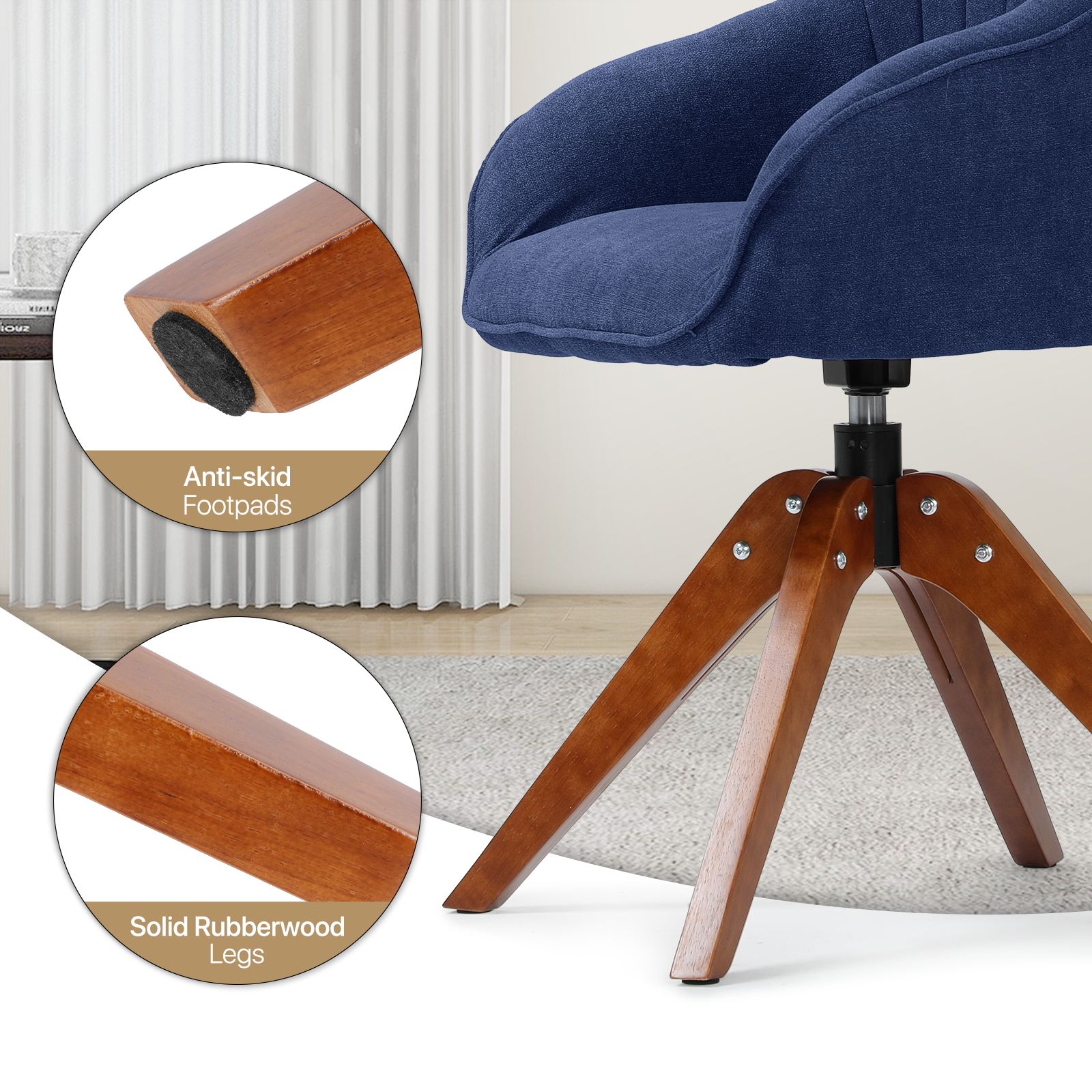 Swivel Accent Chair Modern Home Office Upholstered Armchair Wood Legs Navy Blue
