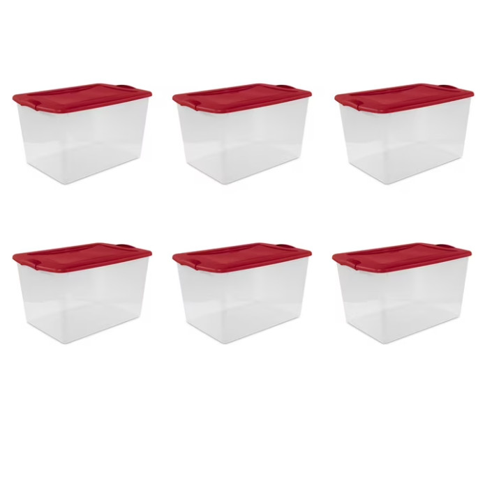Sterilite 66 Qt Clear Storage Bin with Latch Lid, Red, 6 Pack