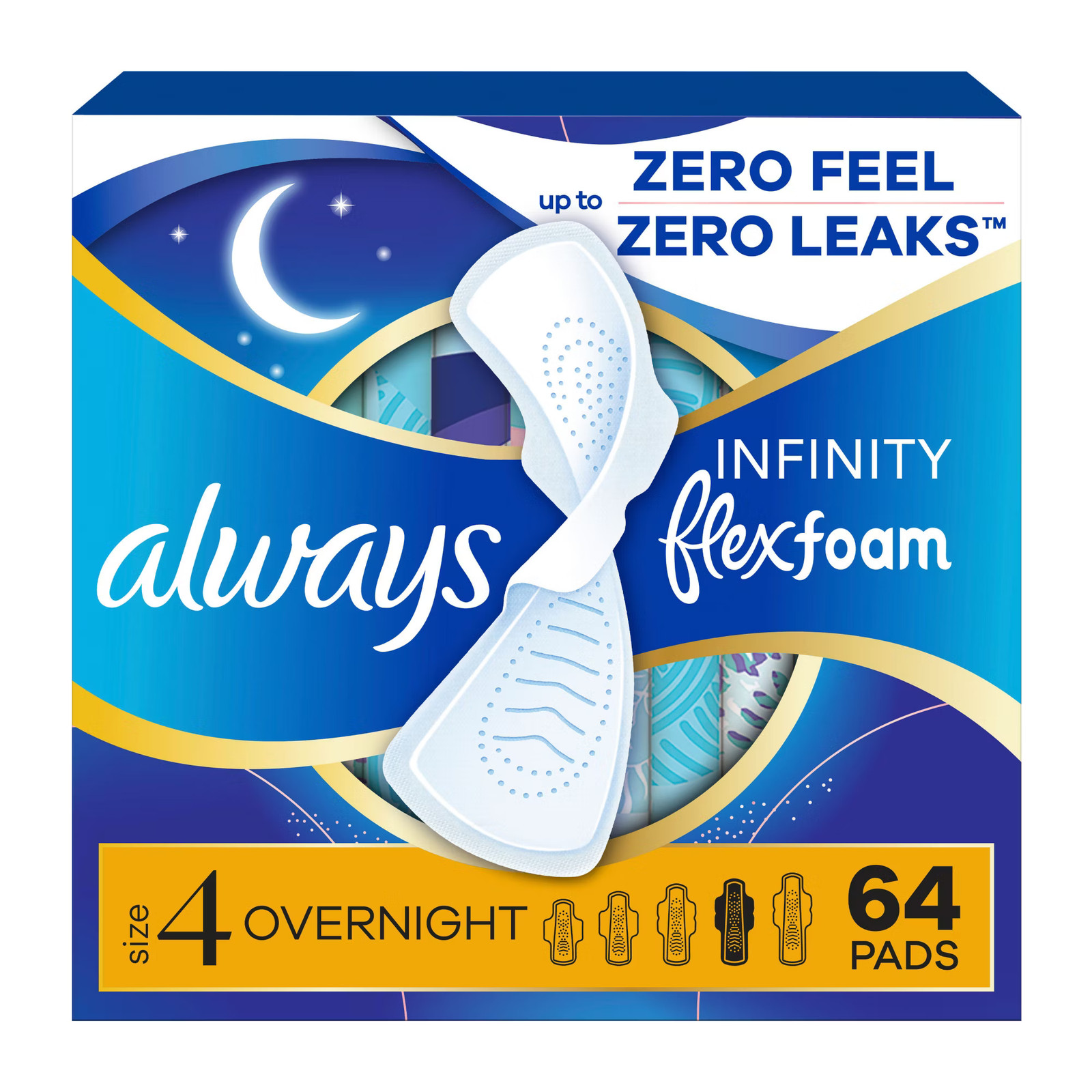 Always Infinity with FlexFoam Pads Size 4 Overnight with Wings Unscented 64 ct