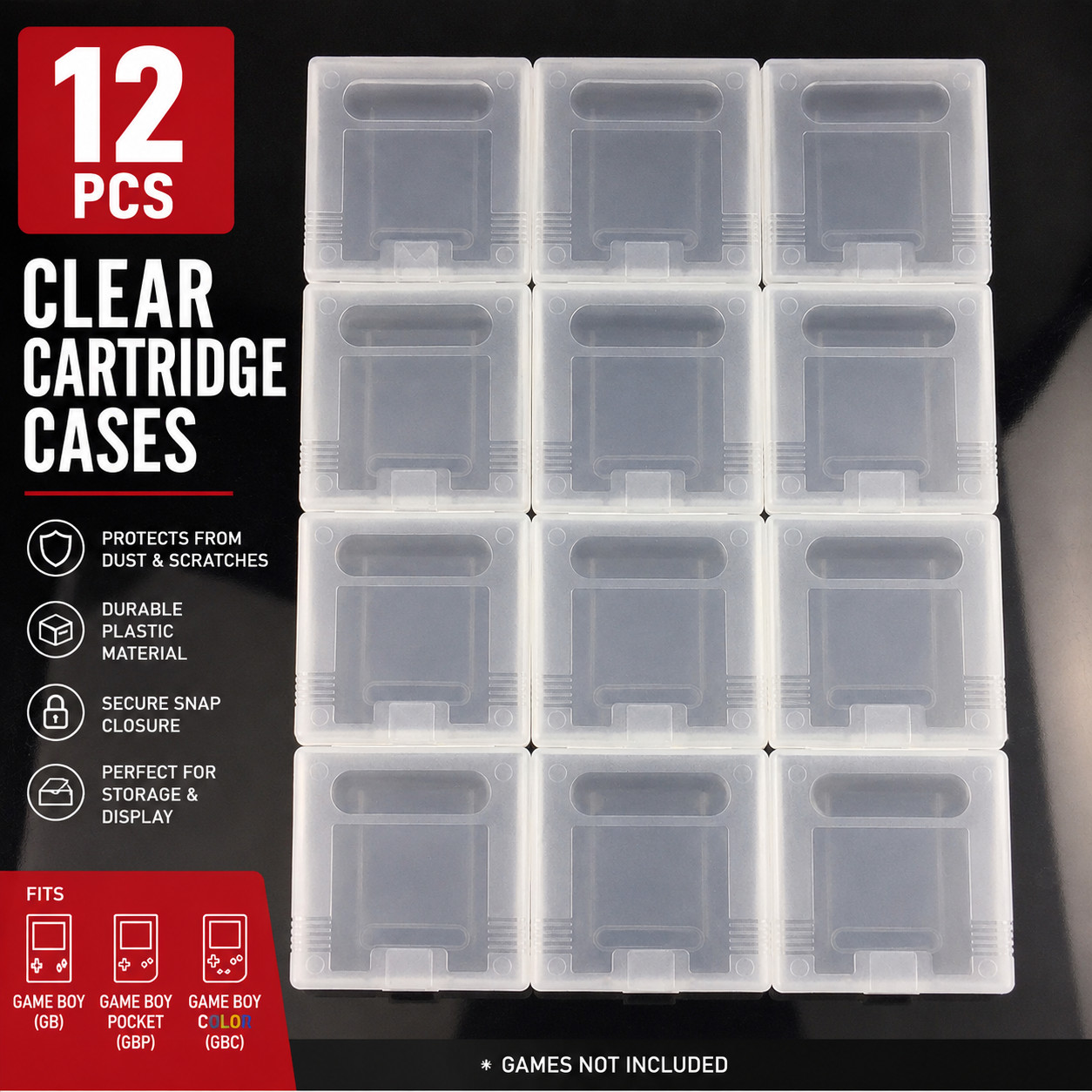 12 Game Cartridge Storage Cases for Nintendo Game Boy GB GBP GBC Clear Protector