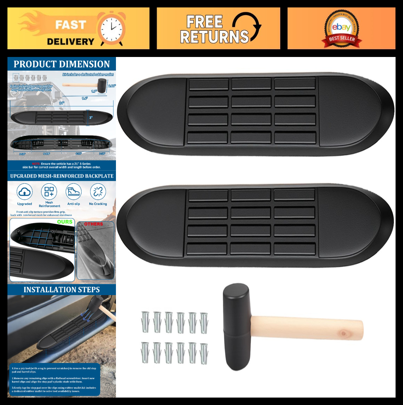 Set of 2 Non-Slip Running Board Step Pads for 3" Round Tubes - Durable & Easy In