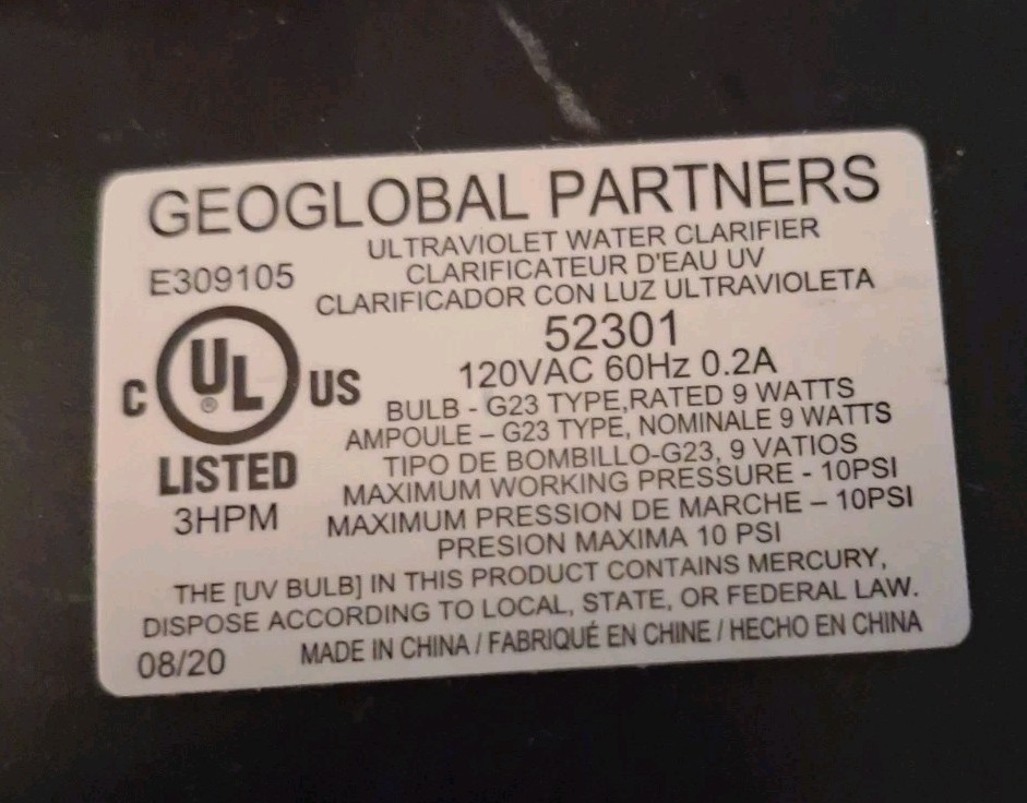 Geoglobal Partners Ultraviolet Water Clariier, 9 Watts, E309105