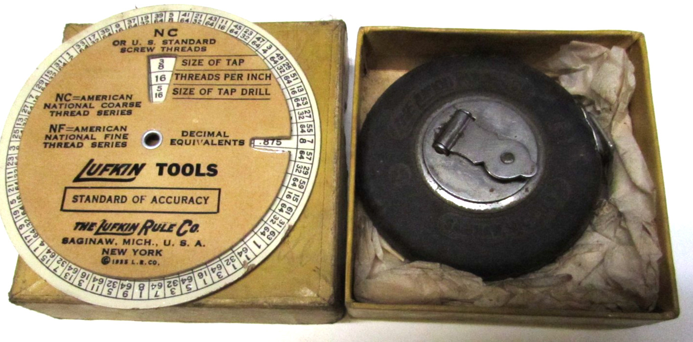 Antique Lufkin Challenge Junion Steel Tape Measure in Box with Tap Gauge Extra!!