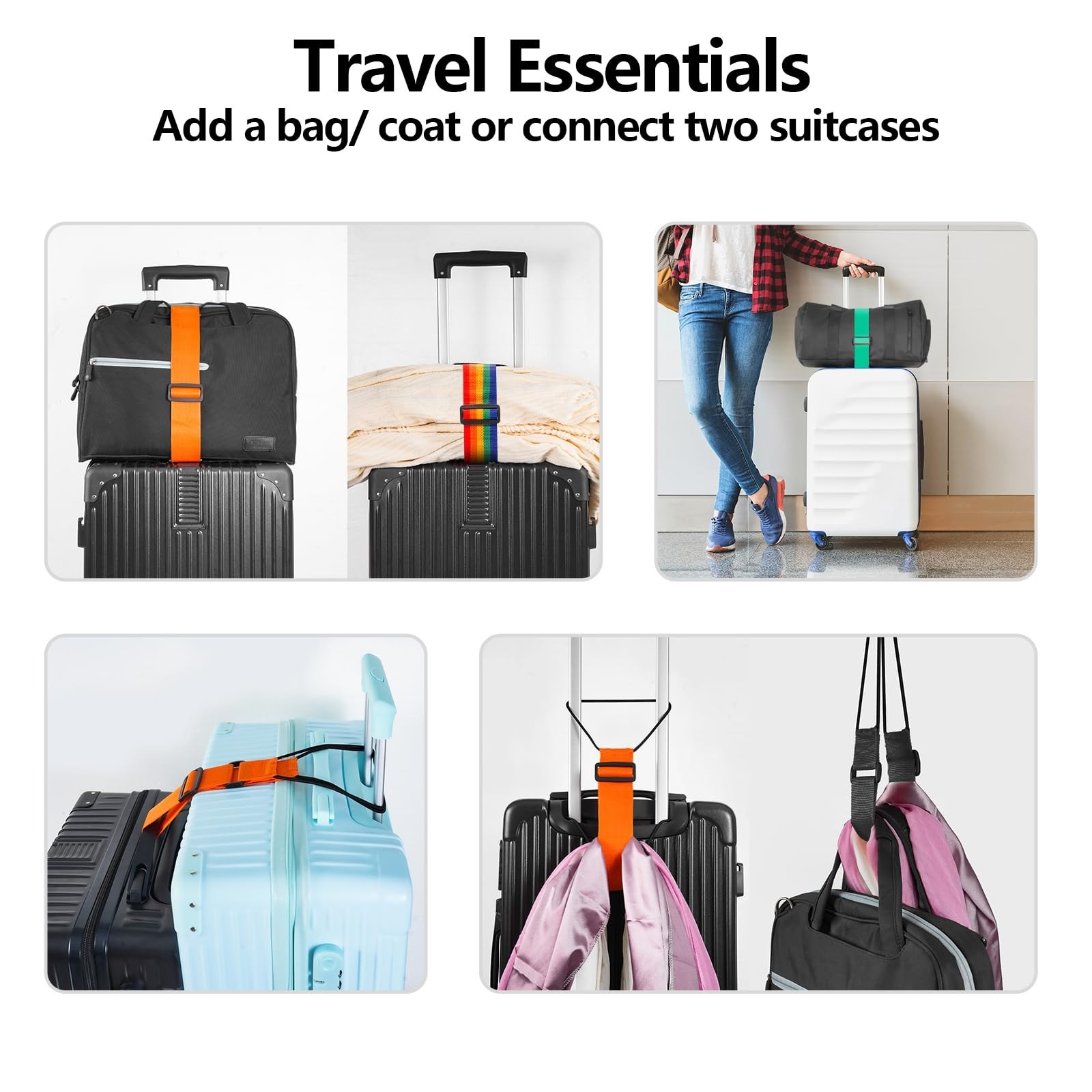 Adjustable Luggage Connector Straps 4-Pack - Securely Attach Bags & Coats, Light