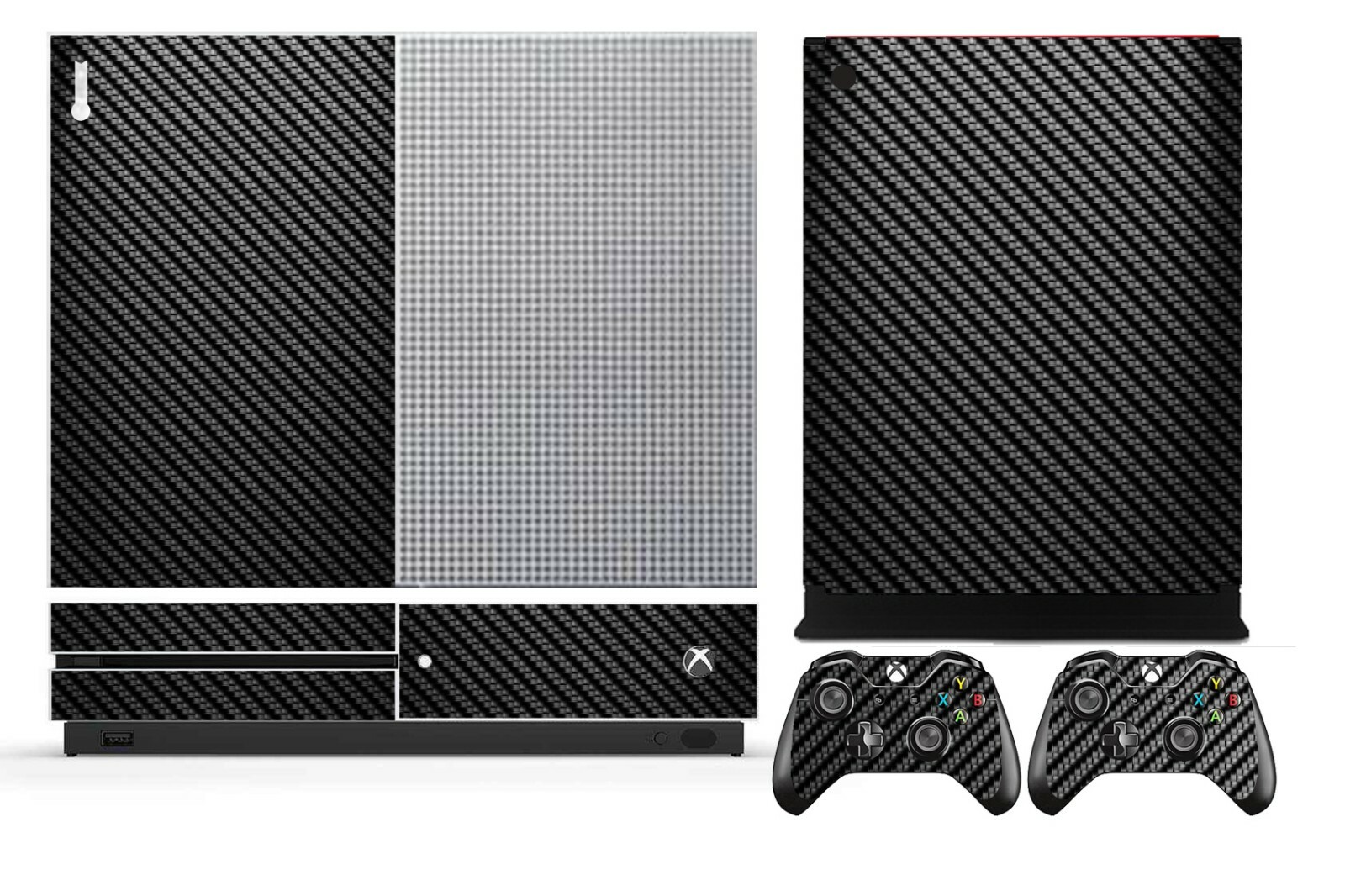 Black Carbon Fiber Cover Skin Sticker for Xbox One S (Slim) & 2 controller skins