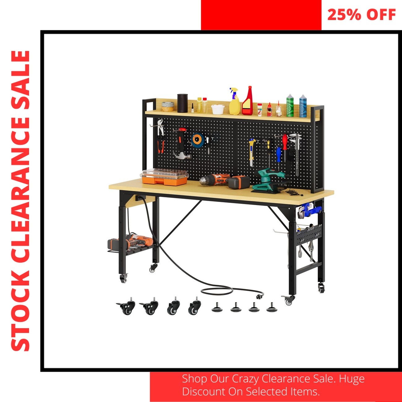 60 Inch Adjustable Workbench Rolling Pegboard Garage Table